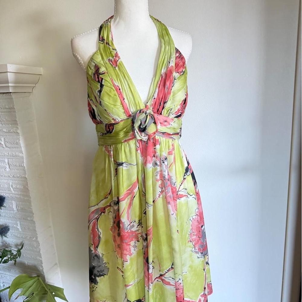 Kay Unger Y2K Silk Green and Pink Floral Halter Dress